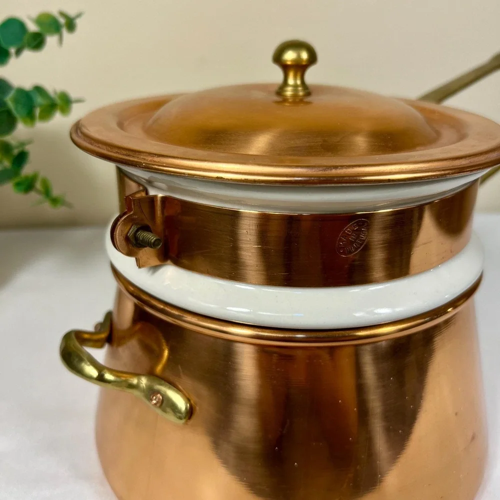 Vintage Copper Double Boiler With Brass Handles | 3 Piece Set